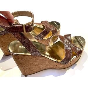 Jimmy Choo Papyrus Gold Copper Shimmer Leather Cork Wedge Sandals Ankle 38.5